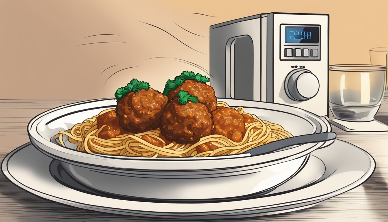 A plate of spaghetti with meatballs being reheated in a microwave