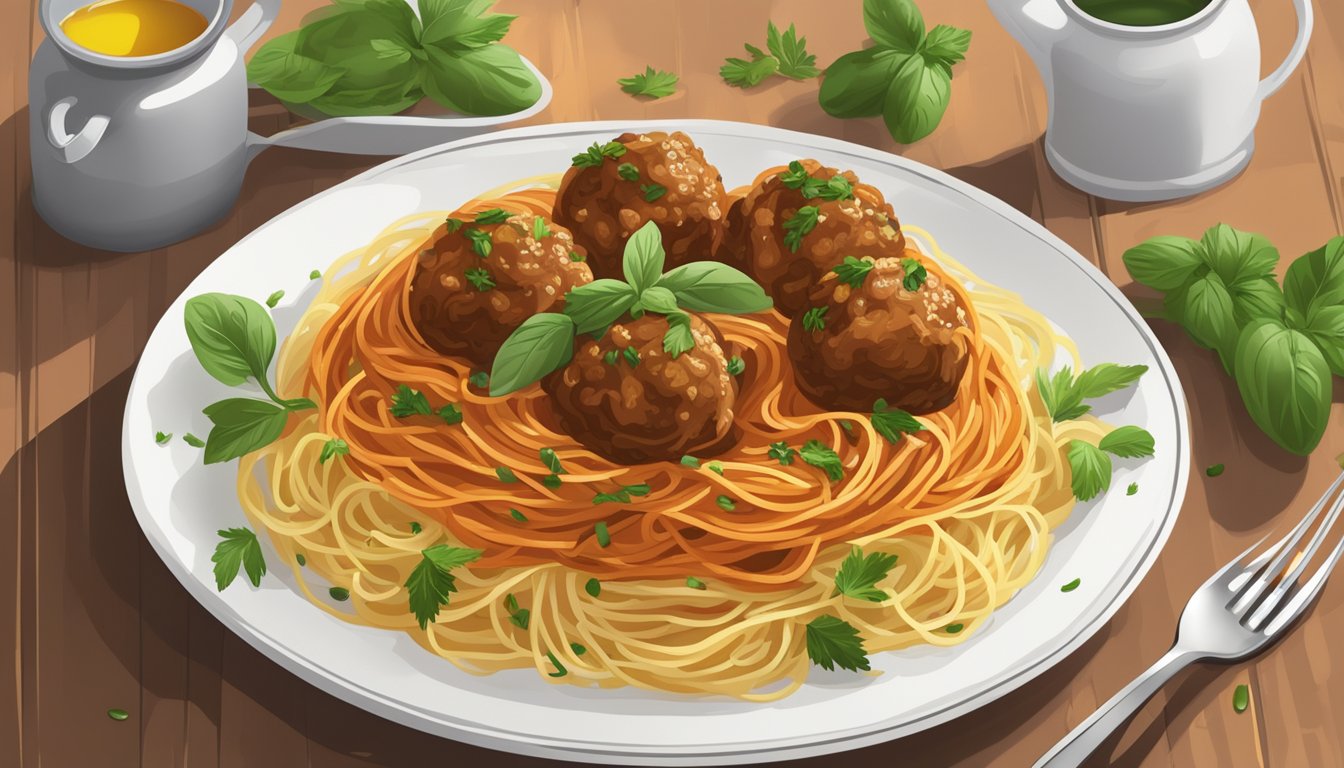 A steaming plate of reheated spaghetti and meatballs, with a sprinkle of fresh herbs and a drizzle of olive oil for added flavor