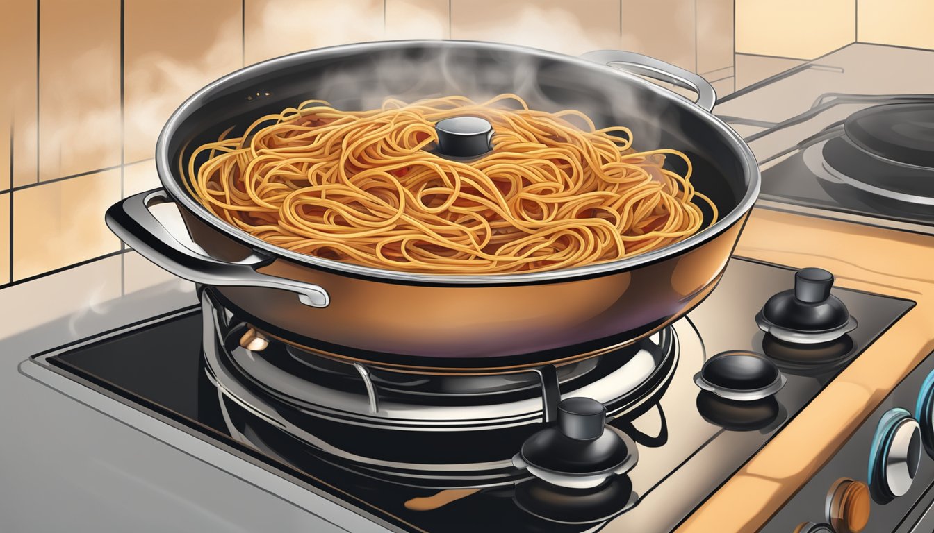 A steaming pot of spaghetti with puttanesca sauce being gently reheated on a stovetop