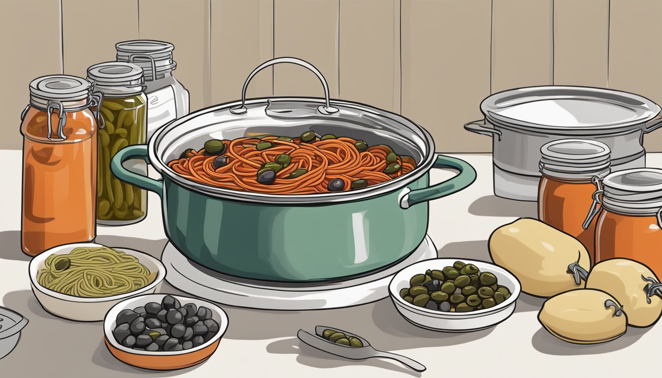 A pot of simmering puttanesca sauce on a stovetop, surrounded by jars of olives, capers, and canned tomatoes. A plate of leftover spaghetti sits nearby, ready to be reheated