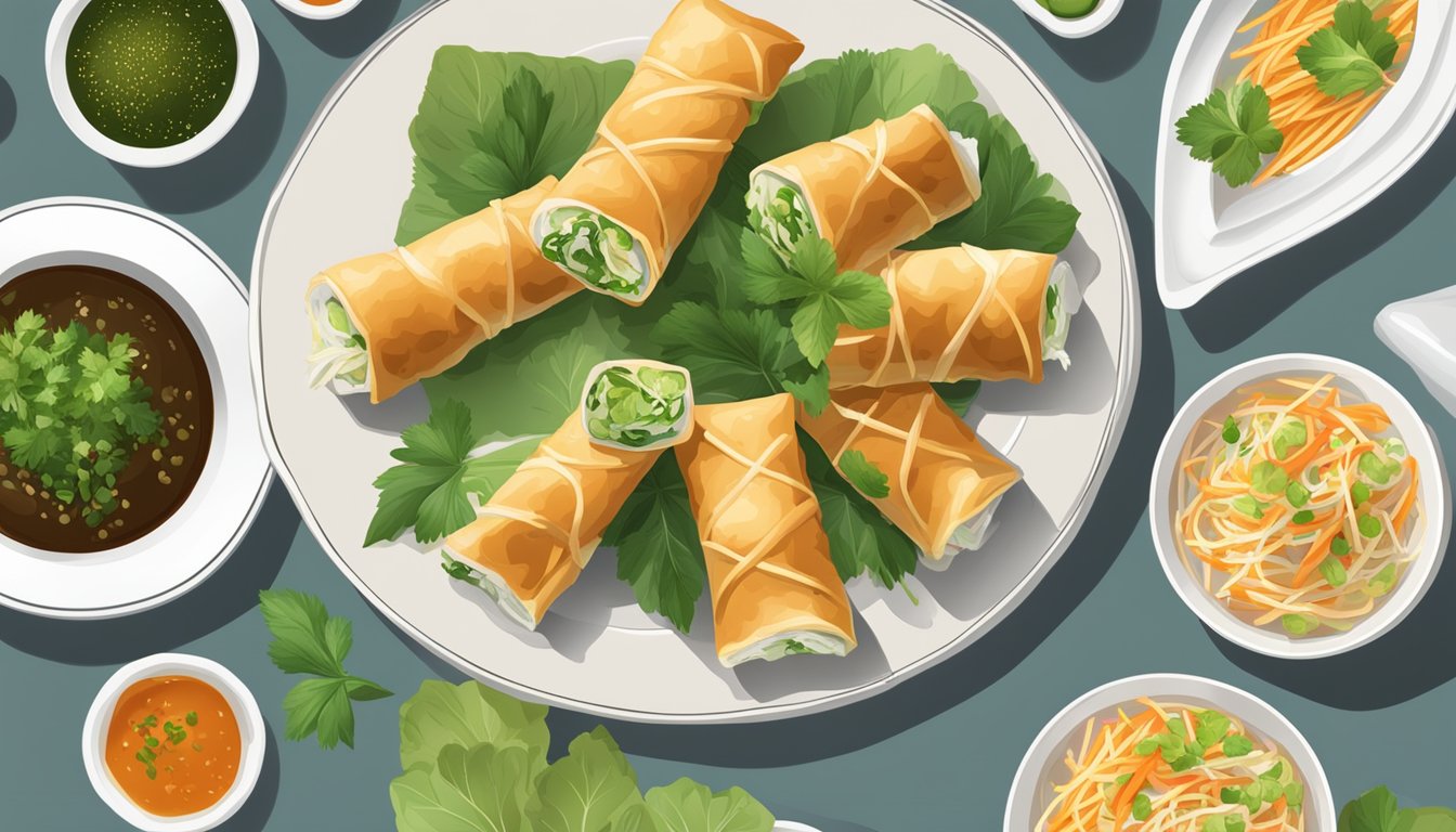 A plate of reheated spring rolls, garnished with fresh herbs and served with a side of dipping sauce