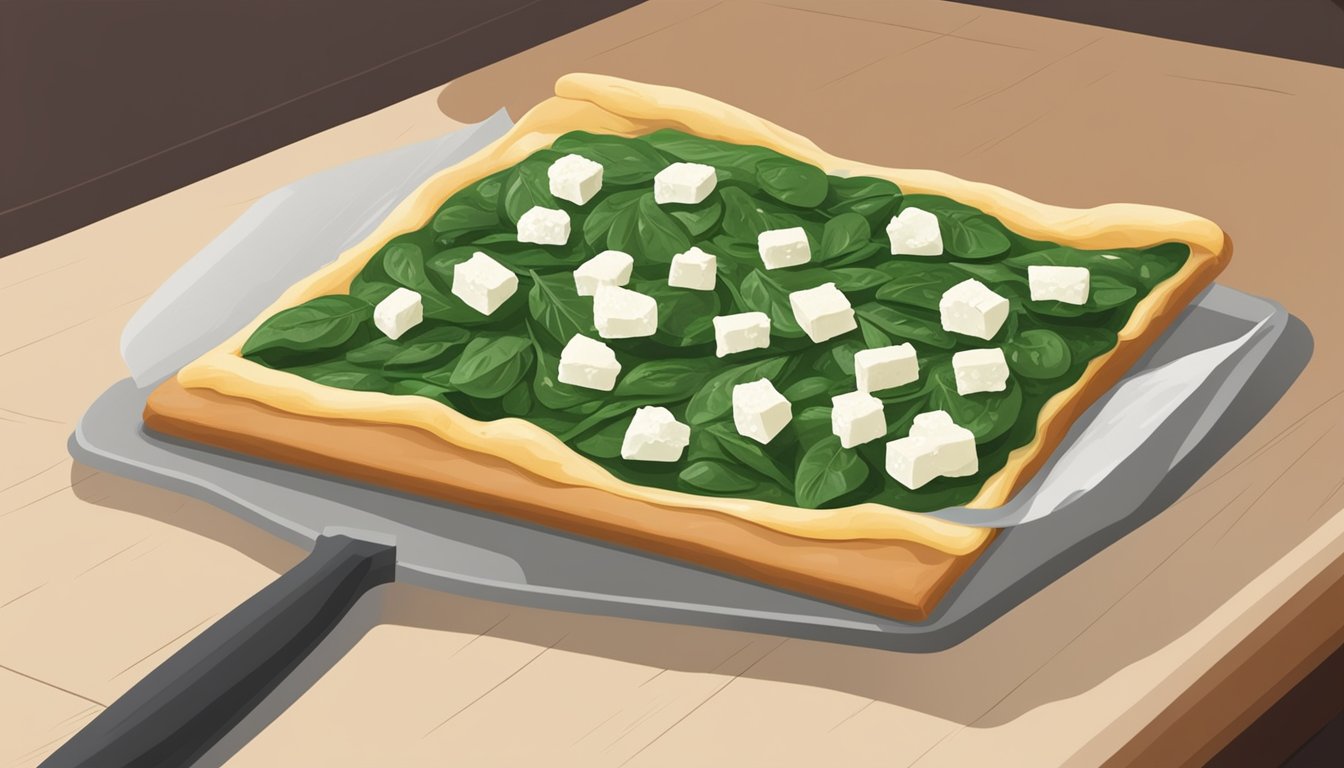 A slice of spinach and feta pizza being placed on a baking sheet in preparation for reheating in the oven