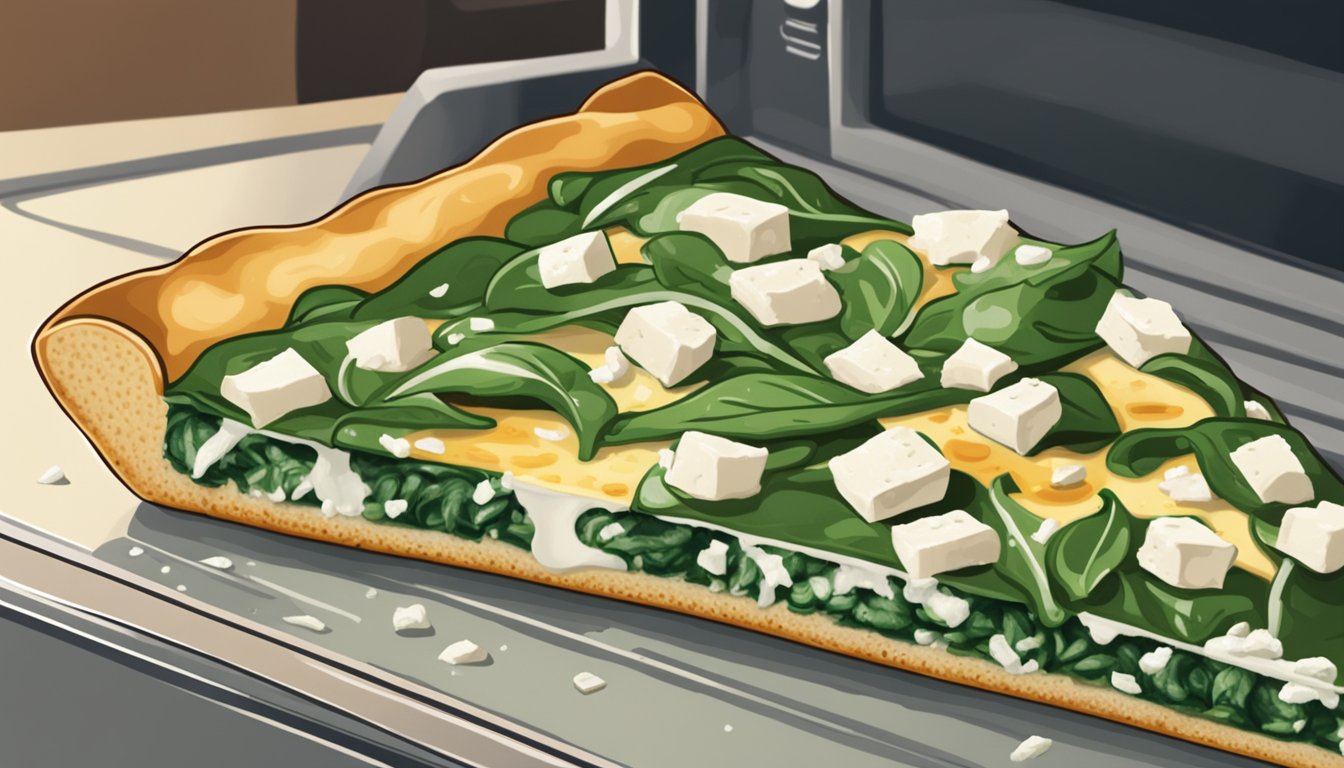 A slice of spinach and feta pizza being reheated in the oven on a baking sheet