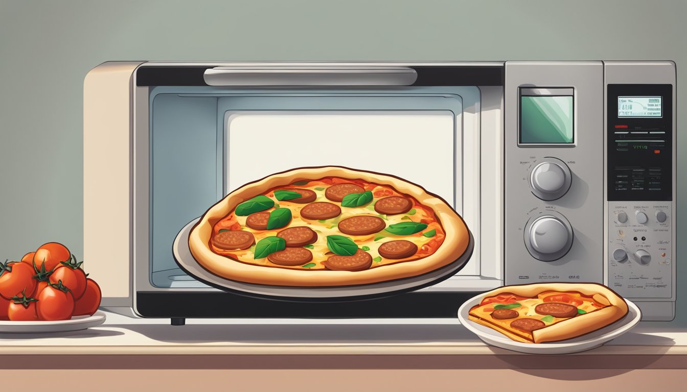 A slice of spicy sausage pizza on a plate next to a microwave