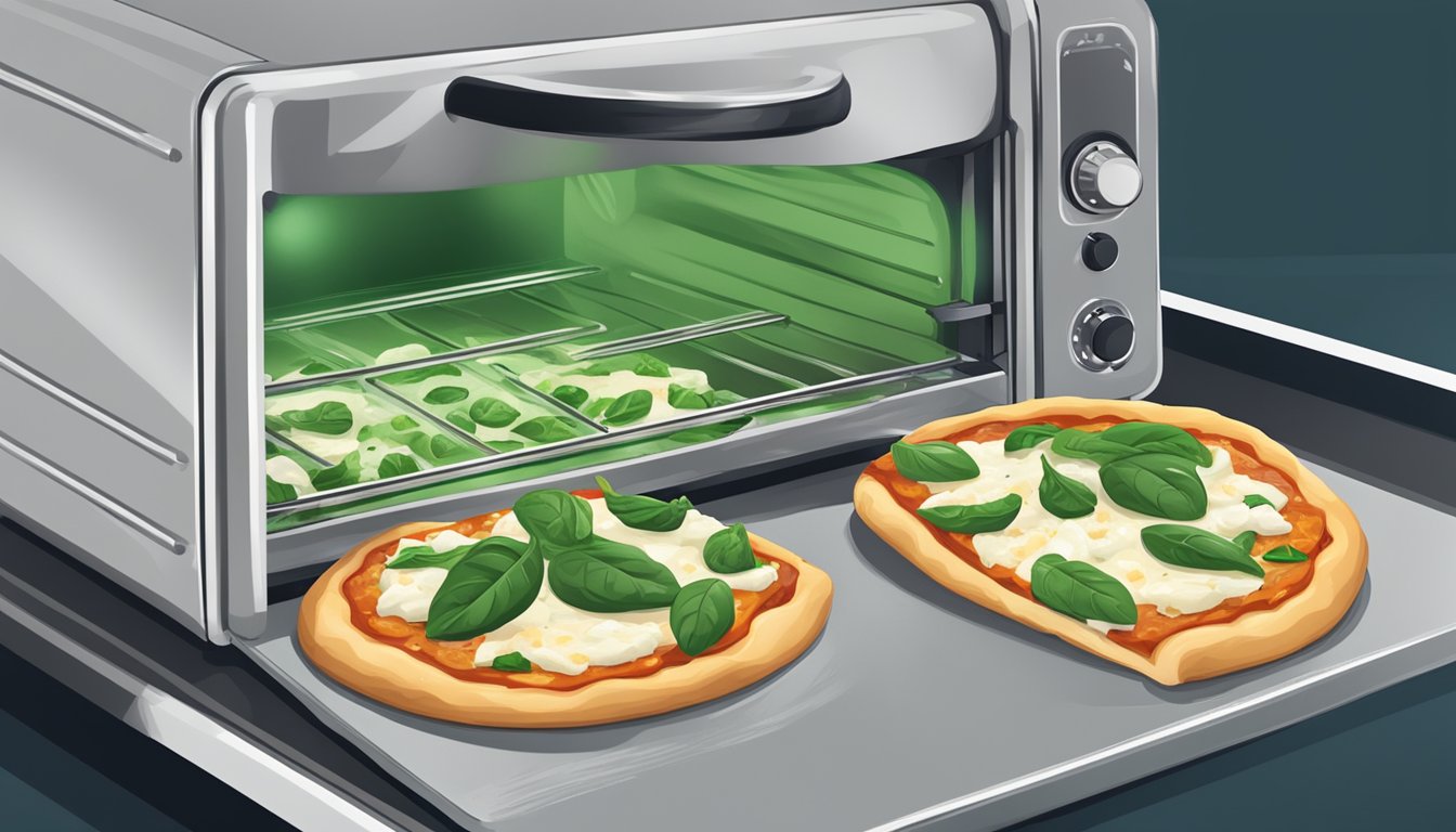 A slice of spinach and feta pizza being reheated in a toaster oven on a baking sheet