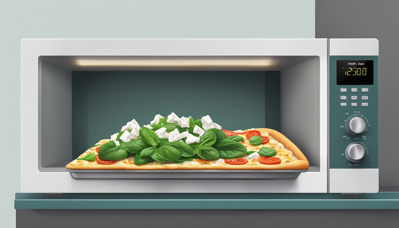 A slice of spinach and feta pizza being reheated in a microwave on a plate