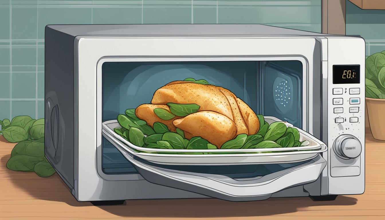 A microwave door open with a plate of spinach and feta stuffed chicken inside, steam rising from the food