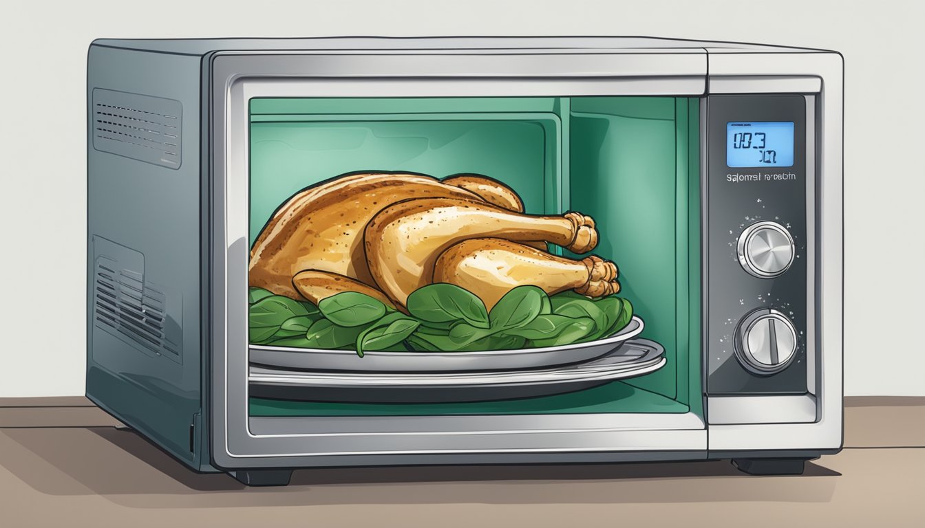 A microwave with a plate of spinach and feta stuffed chicken inside, with a clear "reheat" setting being pressed