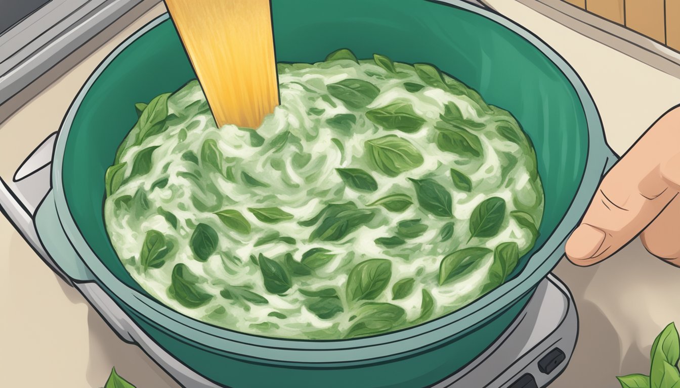 A microwave-safe bowl of spinach dip being gently stirred as it is heated in the microwave