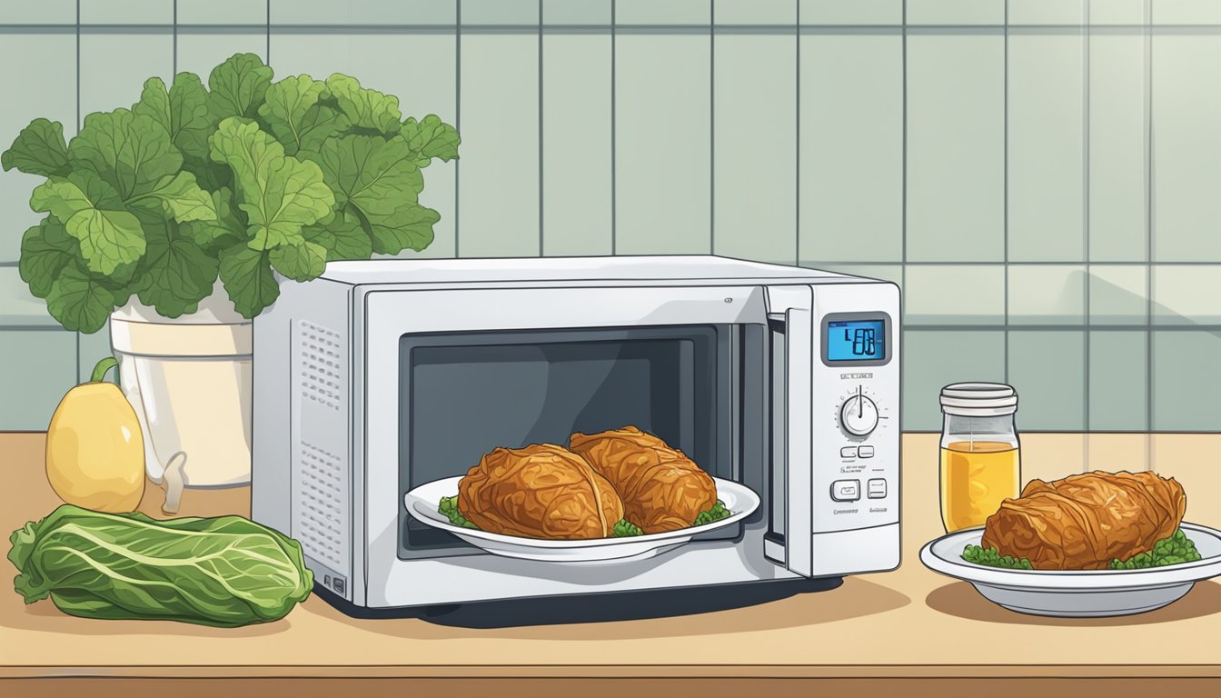 A microwave next to a plate of stuffed cabbage rolls with a thermometer to ensure proper reheating temperature