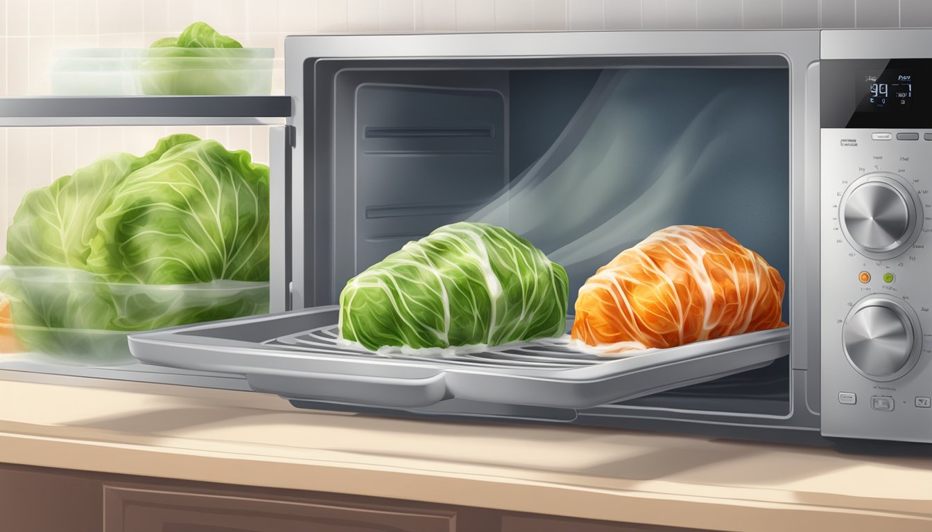 Stuffed cabbage rolls being reheated in a microwave on a plate, steam rising from the food