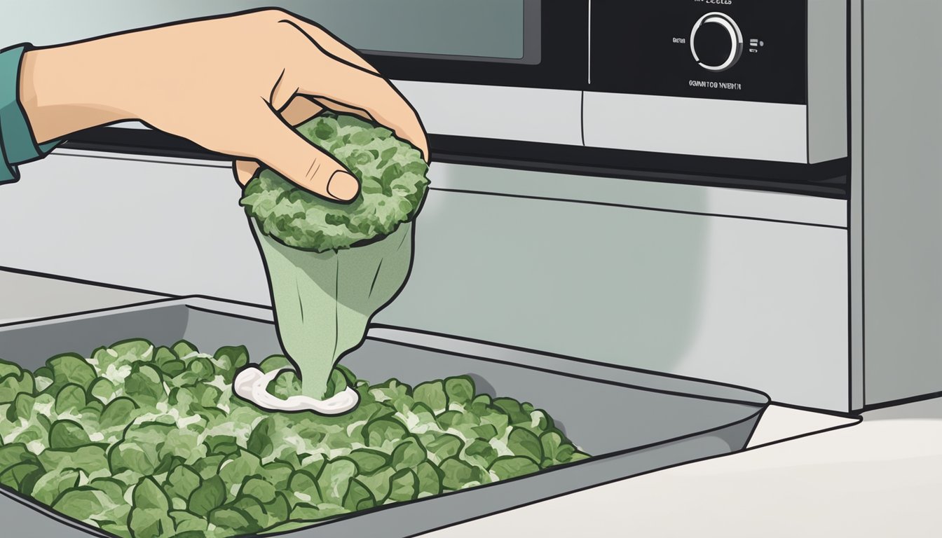 A small bowl of spinach dip sits in a microwave next to a damp paper towel. The microwave door is open, and a person's hand is reaching in to place the bowl inside