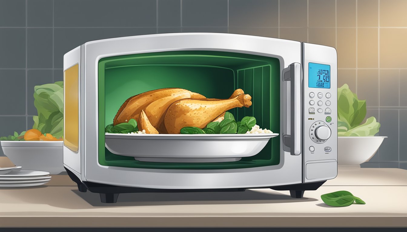 A microwave with a plate of spinach and feta stuffed chicken inside, steam rising from the dish