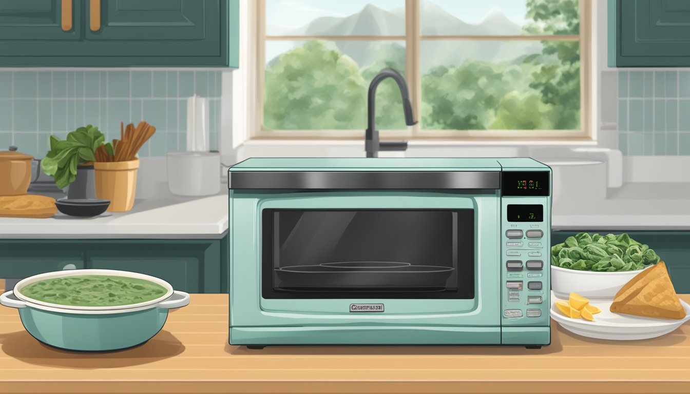 A microwave next to a bowl of spinach dip, with a small pot on the stove and an oven in the background