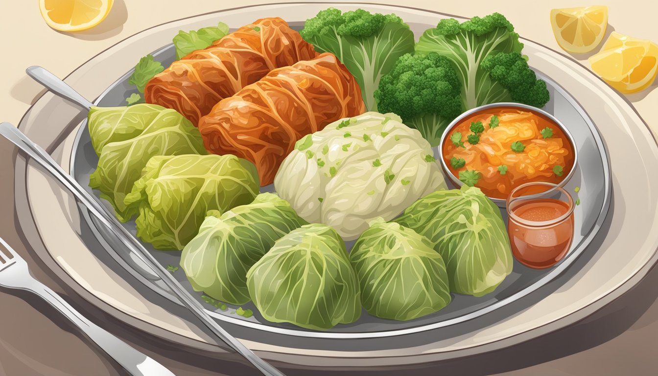 A plate of stuffed cabbage rolls surrounded by various side dishes, with steam rising from the reheated food