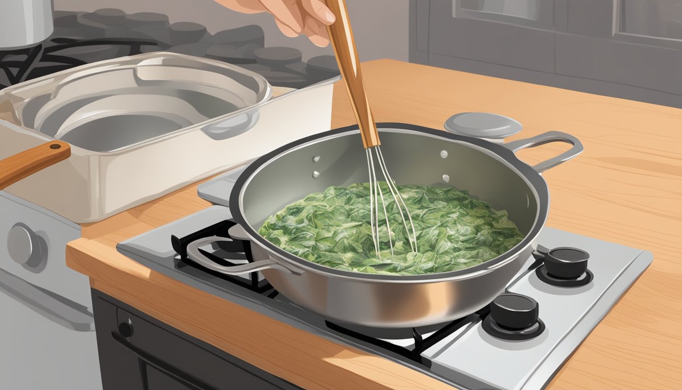 A small pot of spinach dip being gently reheated on a stovetop, with a wooden spoon stirring to prevent separation