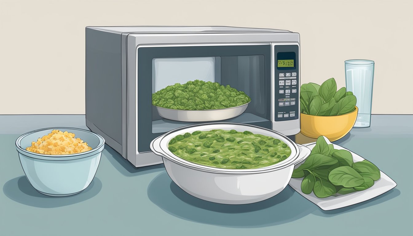 A microwave with a bowl of spinach dip covered with a microwave-safe lid