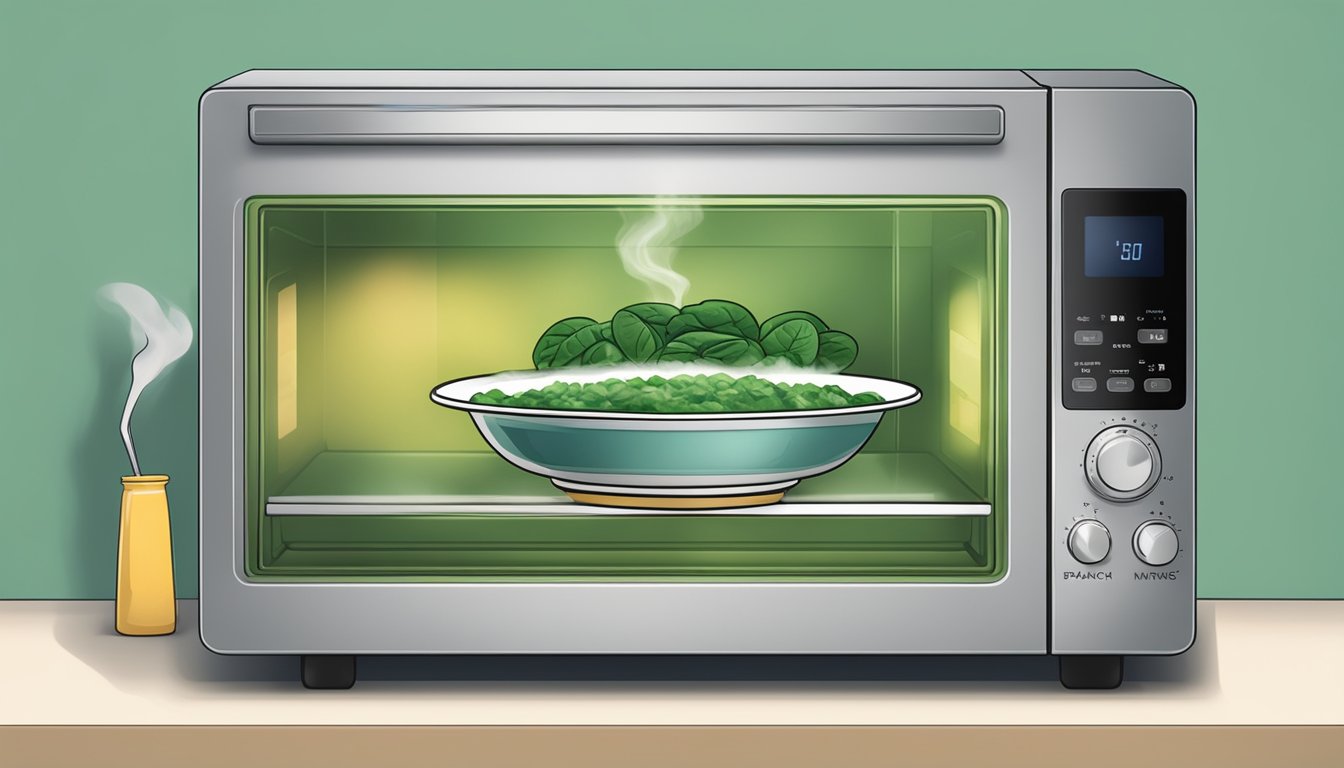 A microwave with a bowl of spinach dip inside, a spoon, and steam rising from the dip as it heats up