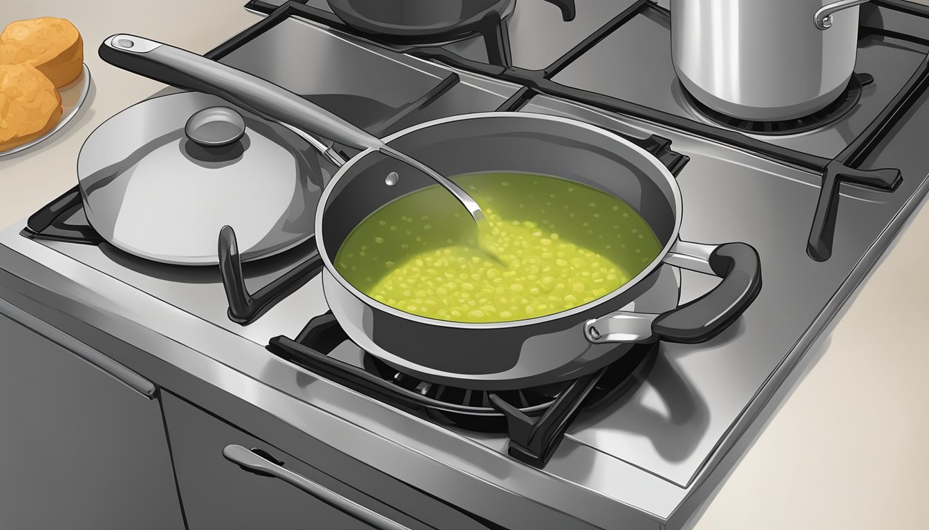 A pot of split pea soup sits on a stovetop, steam rising as it reheats. A ladle rests inside the pot, ready to serve