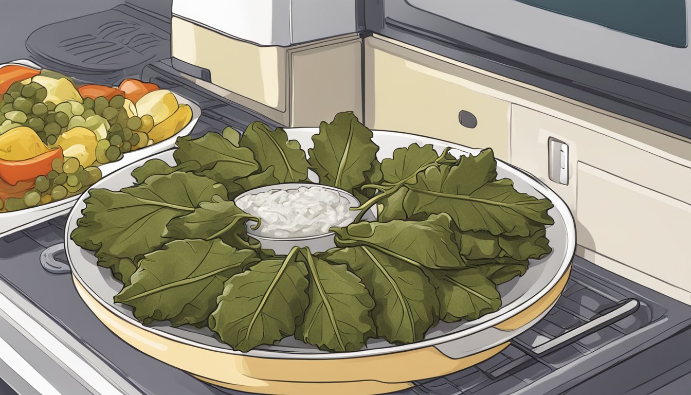 A plate of stuffed grape leaves being reheated in a microwave