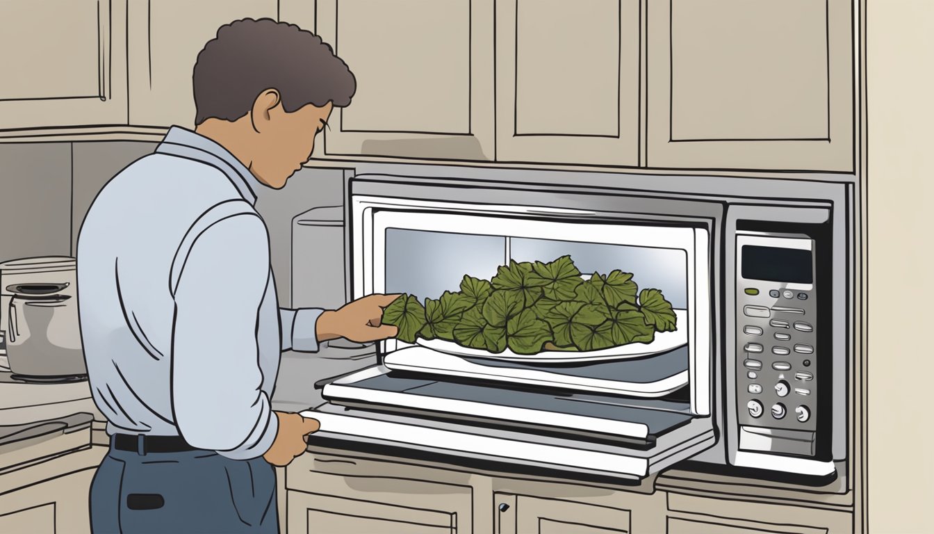 A plate of stuffed grape leaves sits next to a microwave with the door open. A person's hand hovers over the plate, reaching for the microwave controls