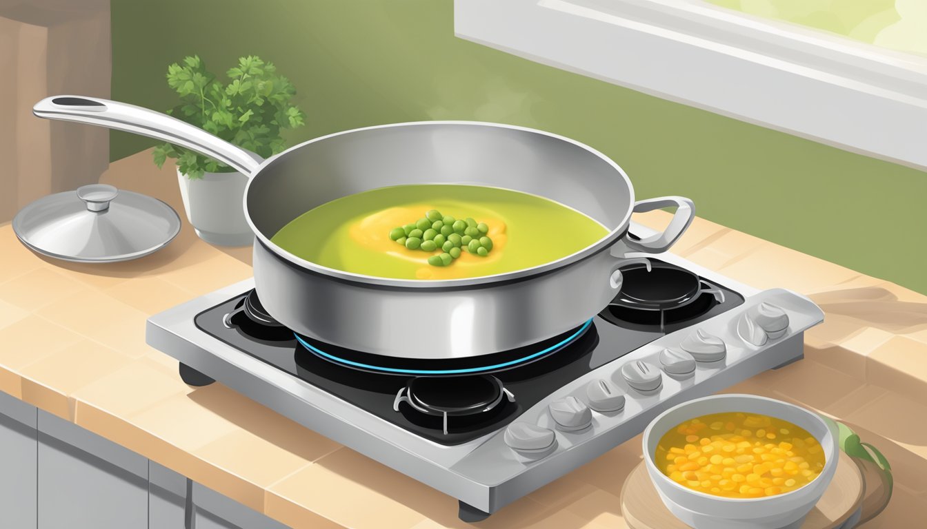 A bowl of split pea soup being gently reheated on a stovetop, with a pot and ladle nearby