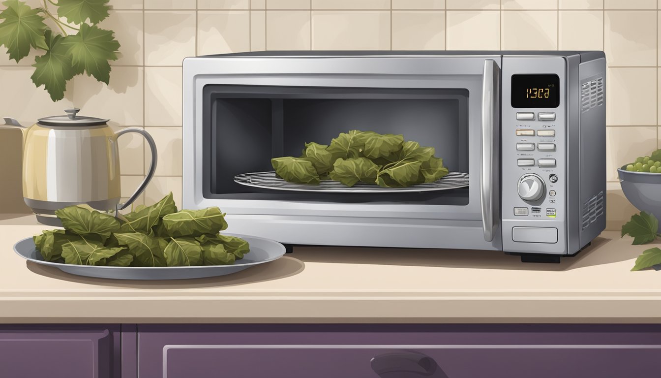 A microwave with a plate of stuffed grape leaves inside, a steaming pot on the stove, and a toaster oven with a tray of grape leaves