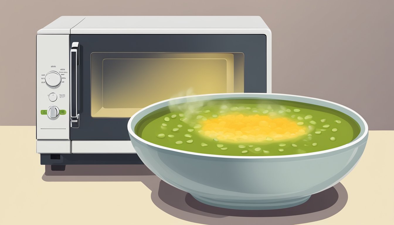 A bowl of split pea soup being reheated in a microwave