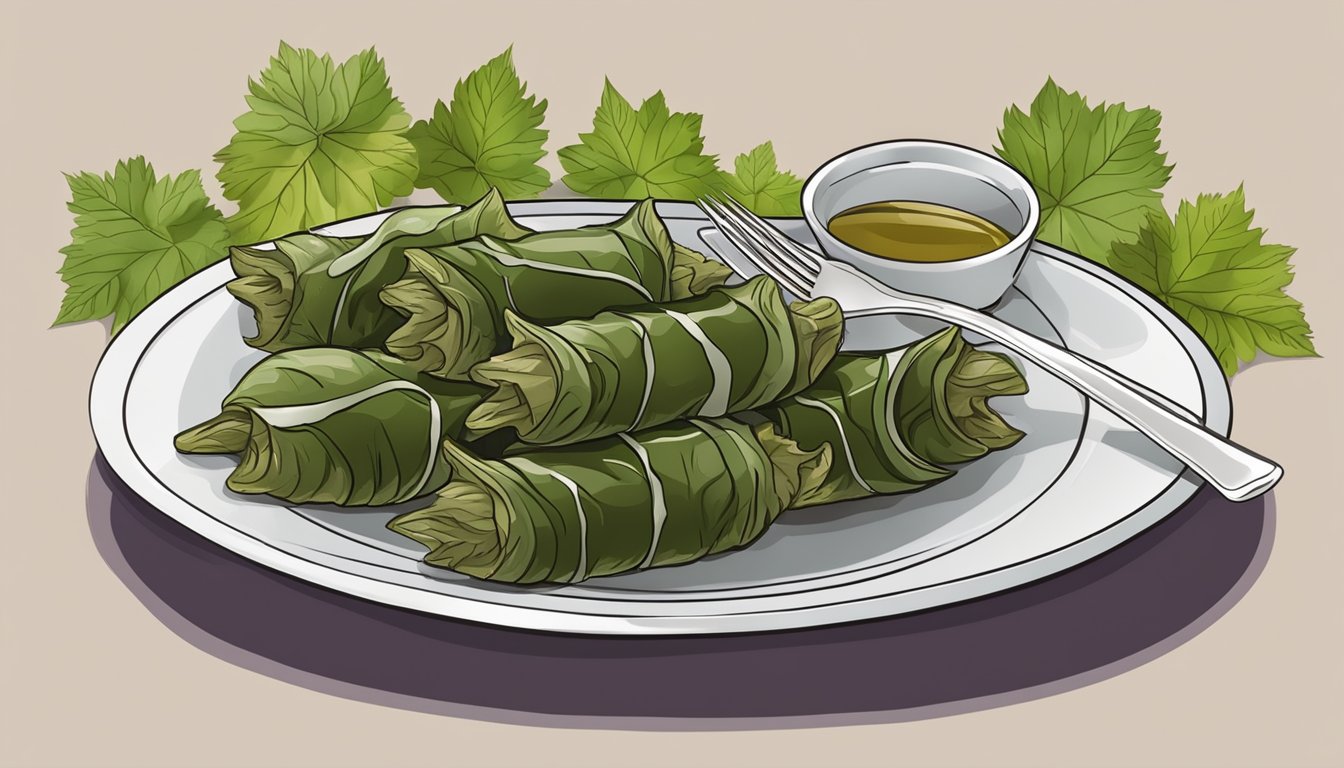 A plate of reheated stuffed grape leaves garnished with fresh herbs and drizzled with a flavorful sauce, placed on a decorative serving dish