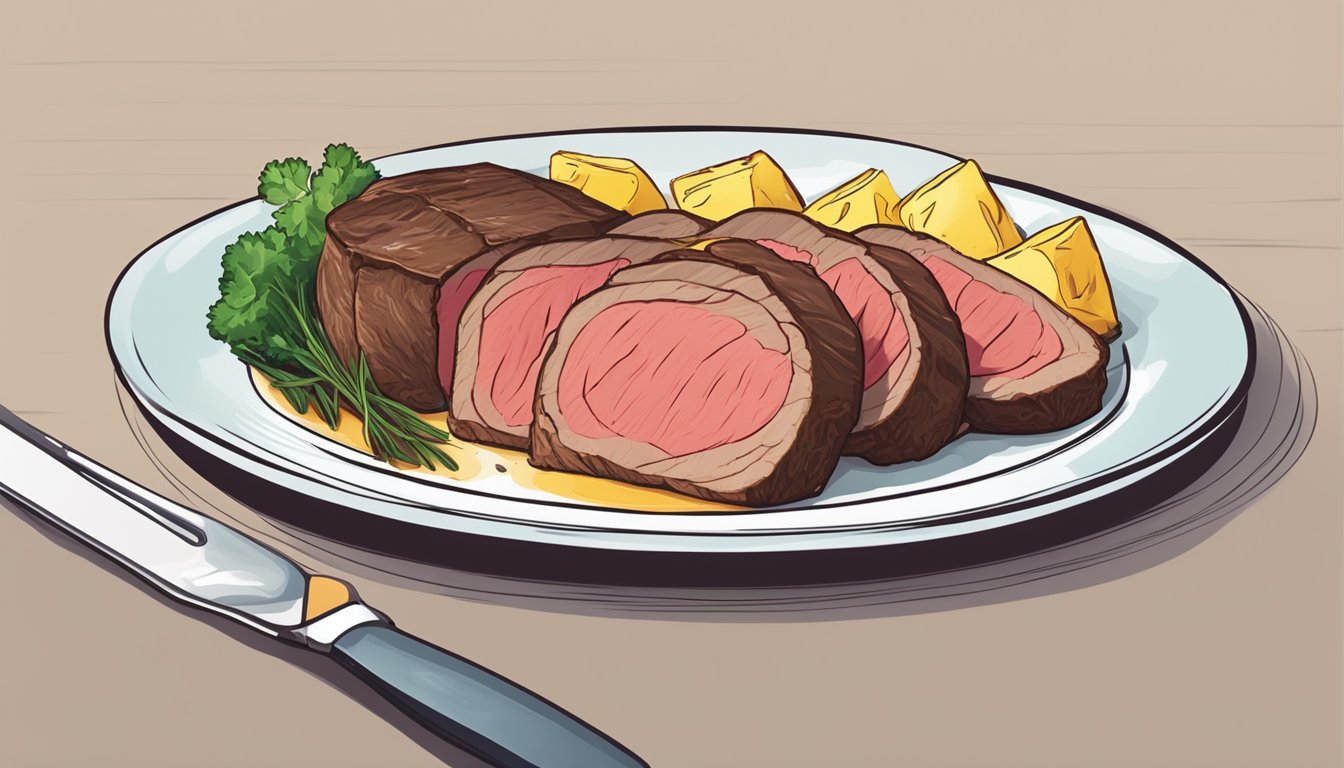 A plate with a sliced stuffed beef tenderloin being reheated in an oven or microwave