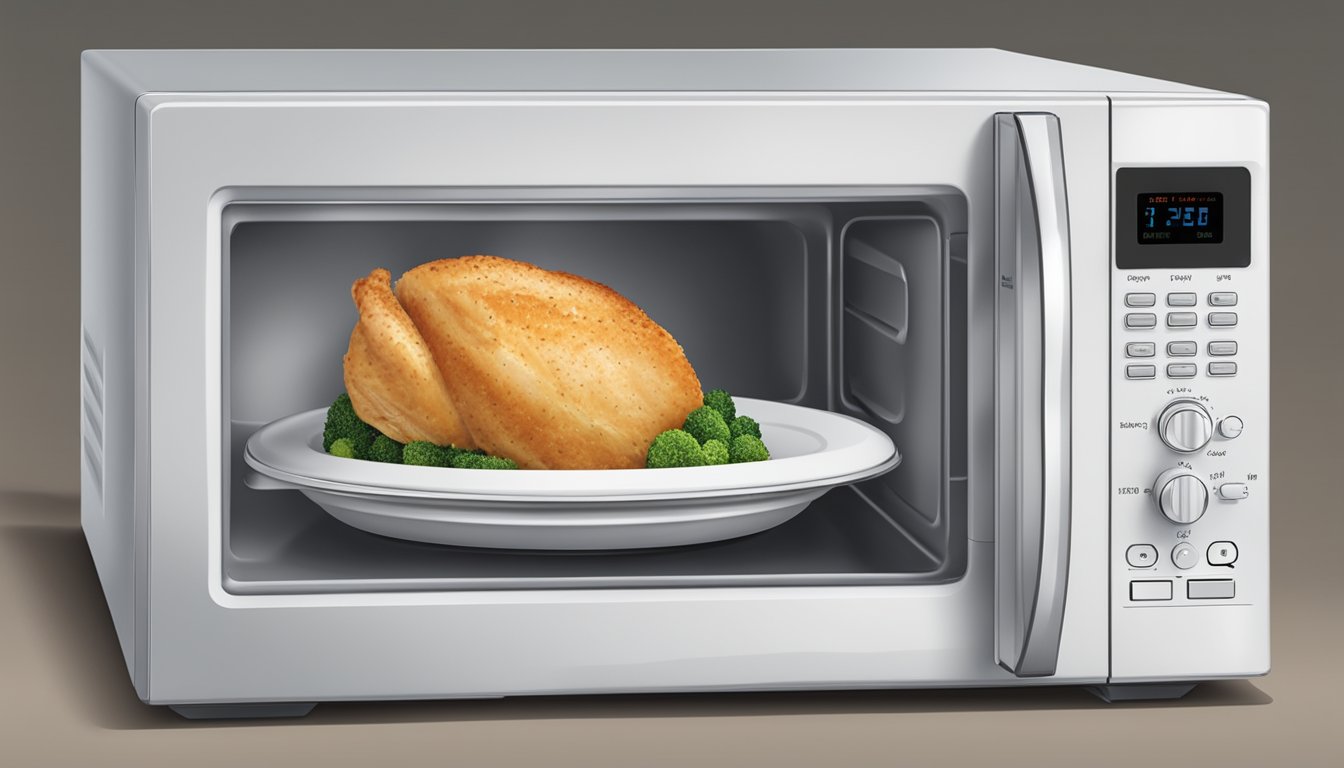 A microwave with a plate of stuffed chicken breast covered with a microwave-safe lid