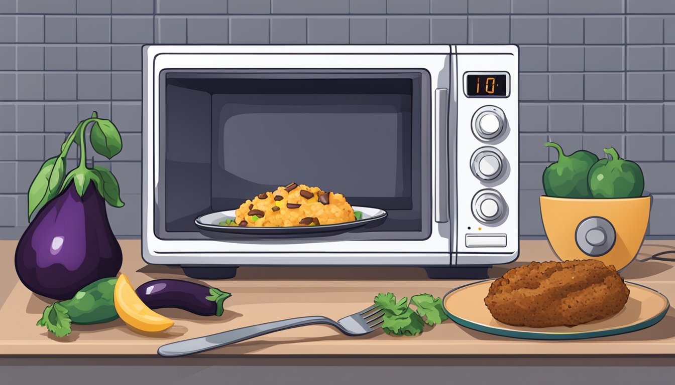 A microwave with a plate of stuffed eggplant inside, a fork, and a timer set for reheating