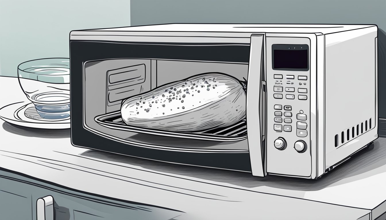 A stuffed eggplant sits in a microwave next to a glass of water. The microwave door is open, and the plate is ready to be reheated