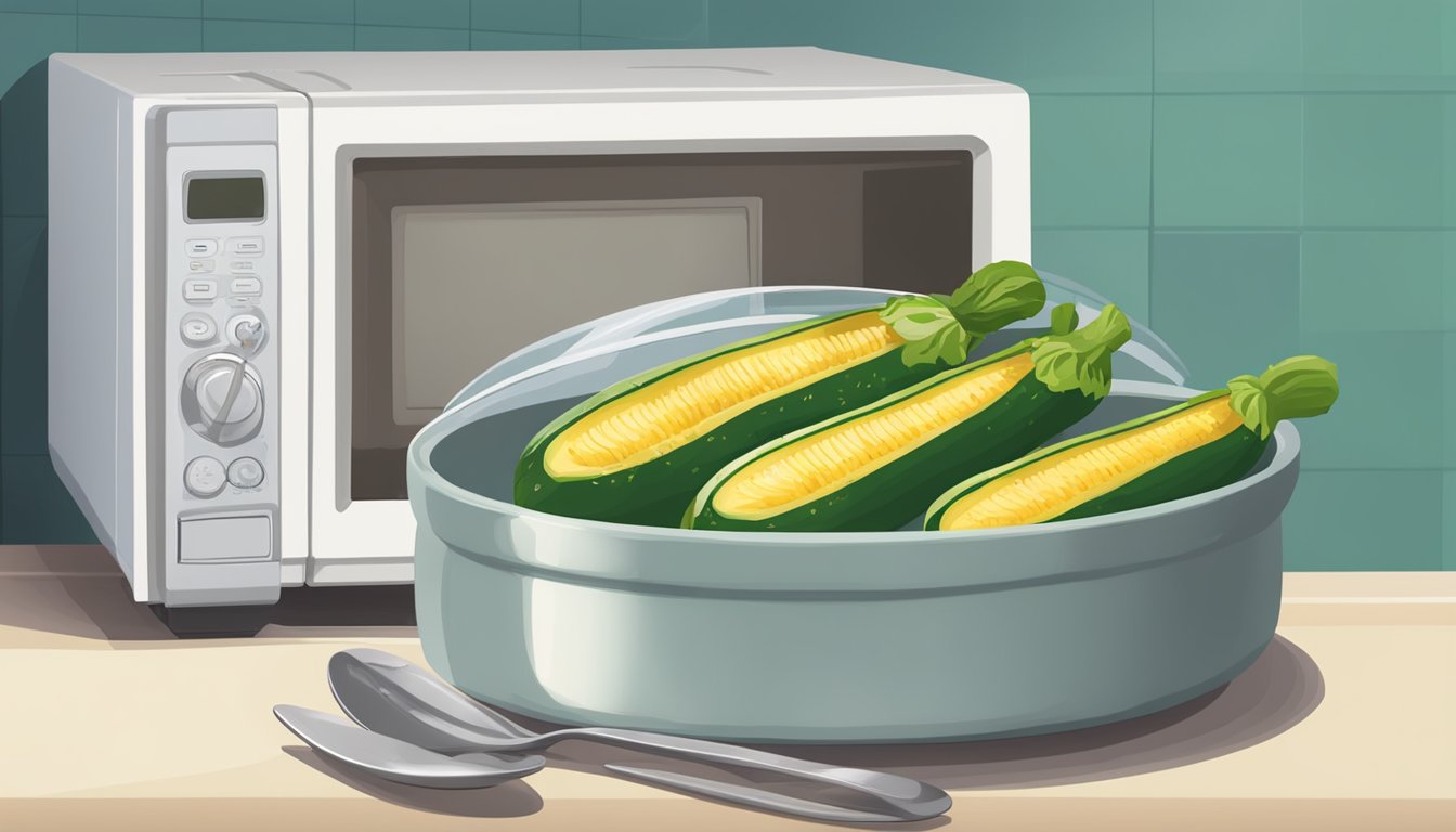 A plate of stuffed zucchini sits next to a microwave, with a fork and knife nearby. The zucchini is covered with a microwave-safe lid