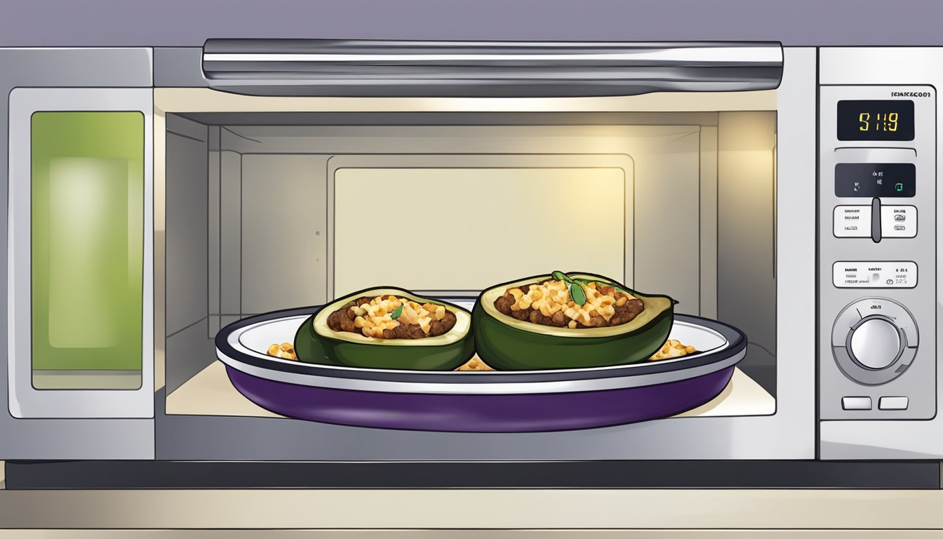 A plate of stuffed eggplant being reheated in a microwave