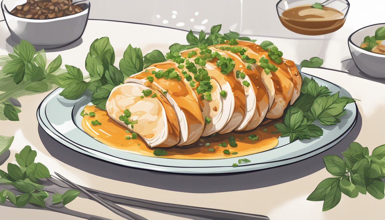 A plate of reheated stuffed chicken breast being drizzled with sauce and sprinkled with fresh herbs