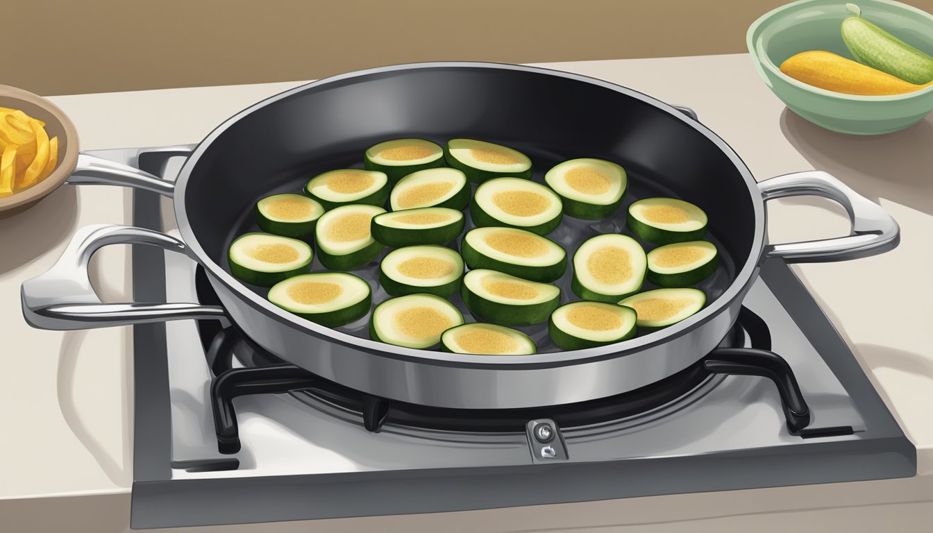 A stovetop with a pan containing stuffed zucchini being reheated over a low flame