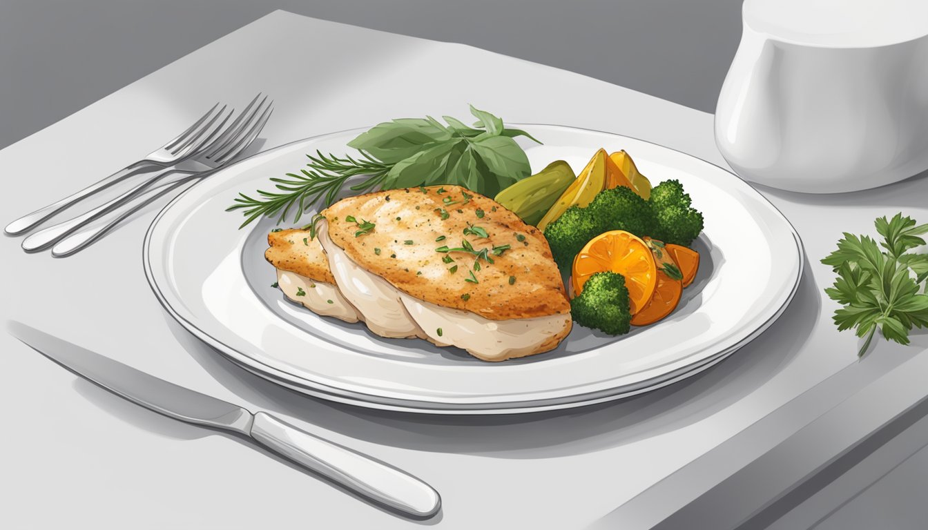 A plate of reheated stuffed chicken breast, garnished with fresh herbs and served with a side of roasted vegetables, sits on a clean, white serving platter