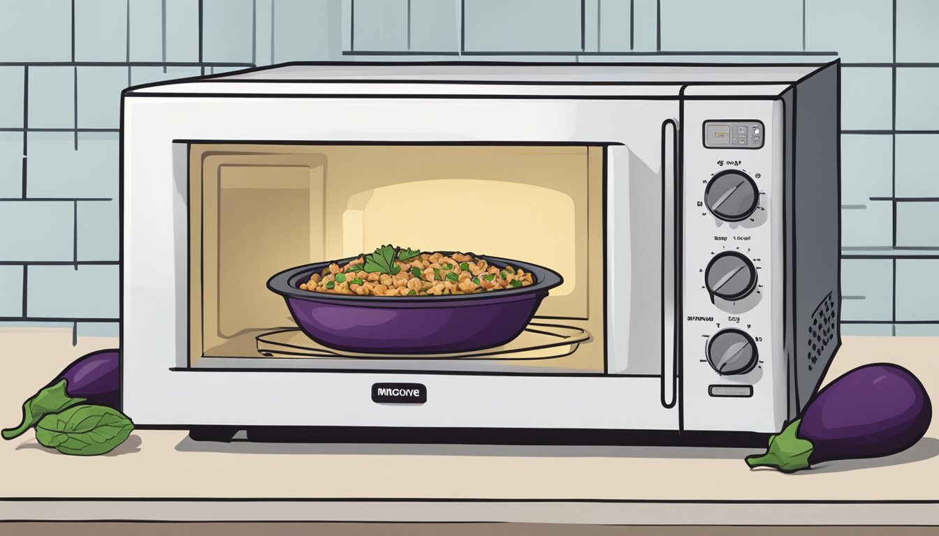 A microwave with a plate of stuffed eggplant inside, a hand adjusting the settings