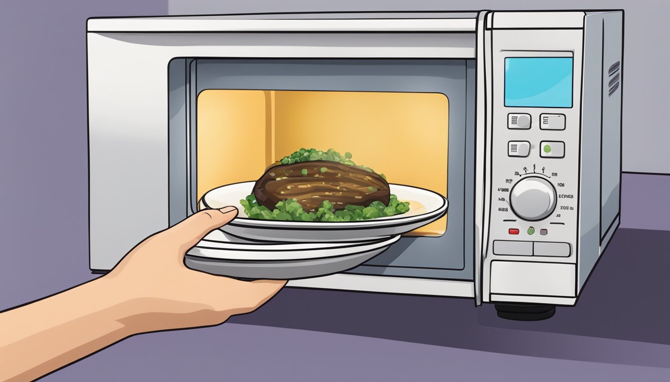 A microwave with a plate of stuffed eggplant inside, steam rising from the dish. A person's hand opens the microwave door