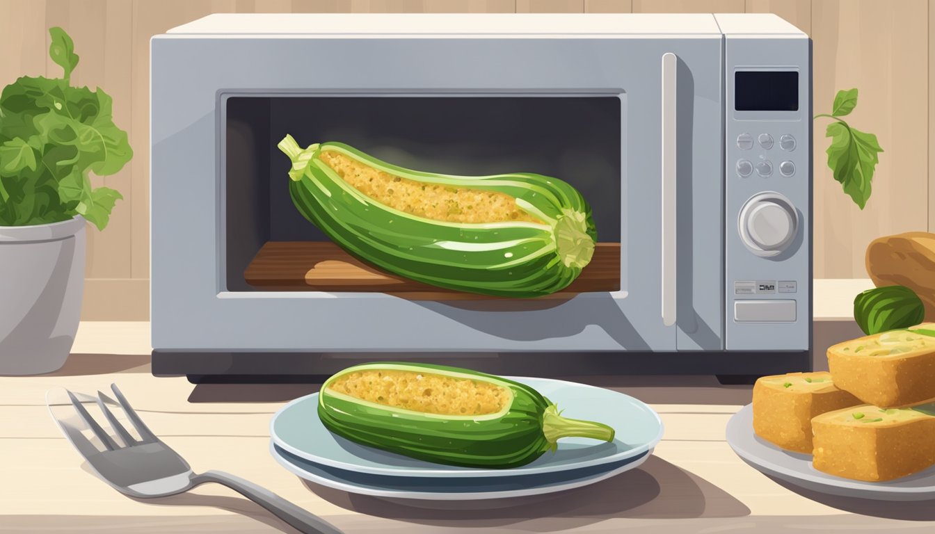 A plate of stuffed zucchini sits on a wooden table next to a microwave. Steam rises from the zucchini, filling the air with its savory aroma