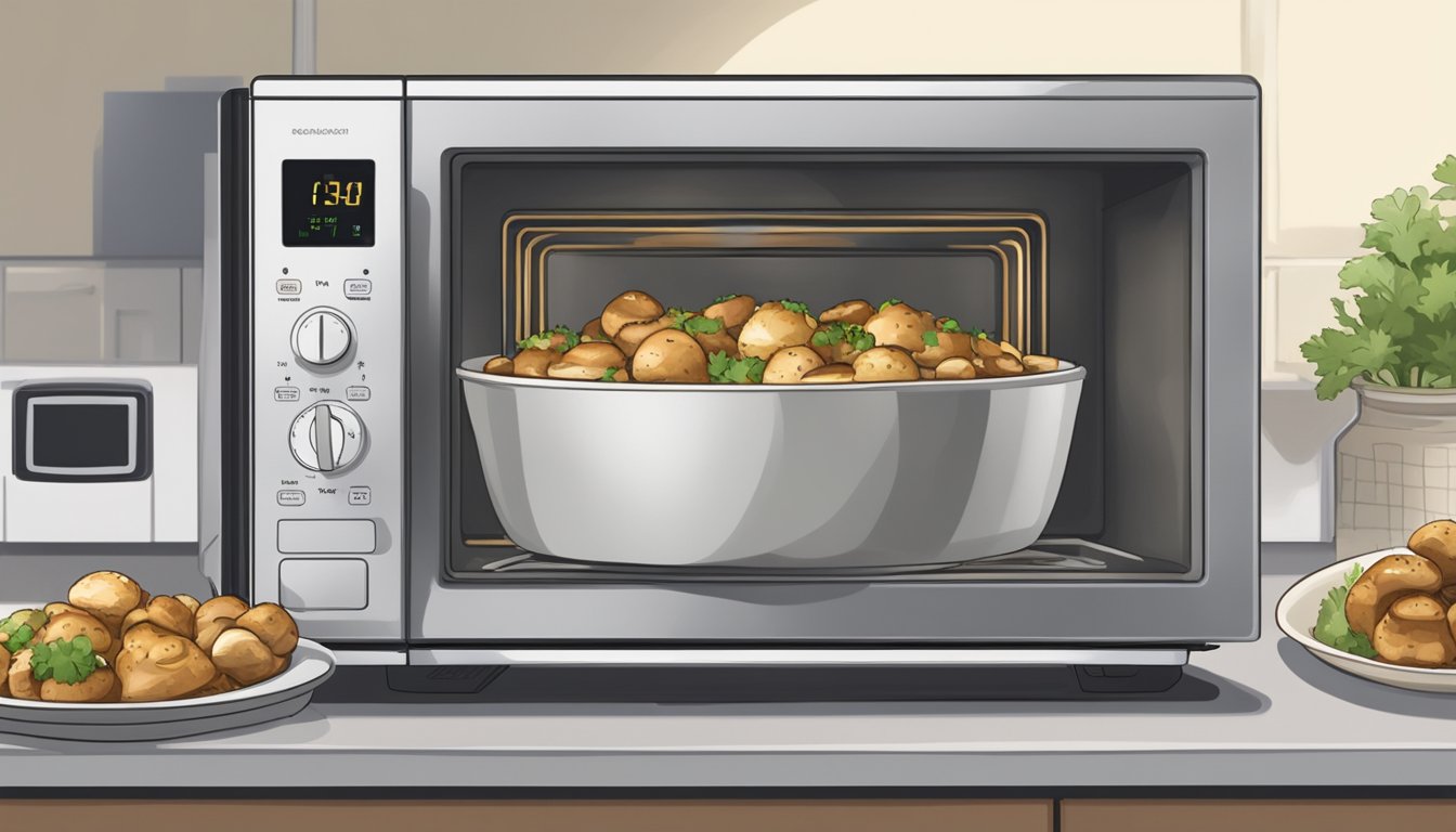 A microwave with a plate of stuffed mushrooms inside, a fork beside it, and a timer set for reheating