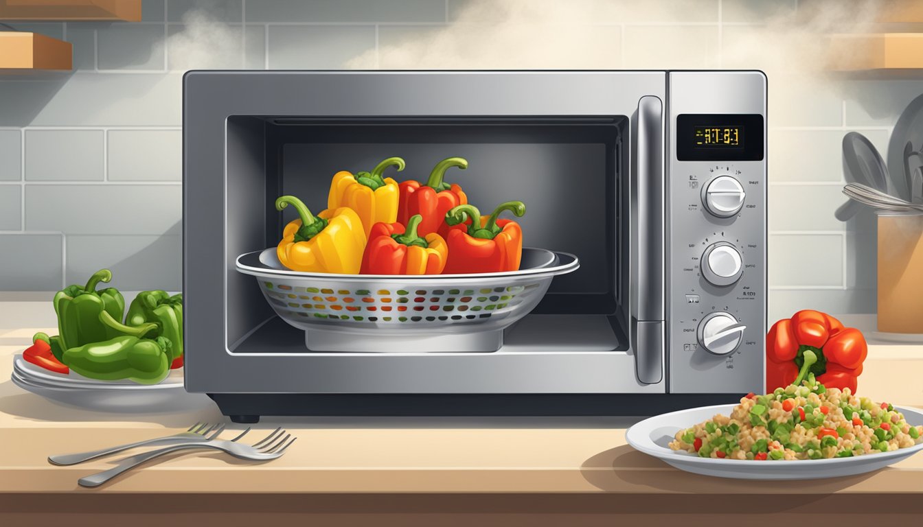 A microwave with a plate of stuffed peppers inside, a fork beside it, and steam rising from the peppers