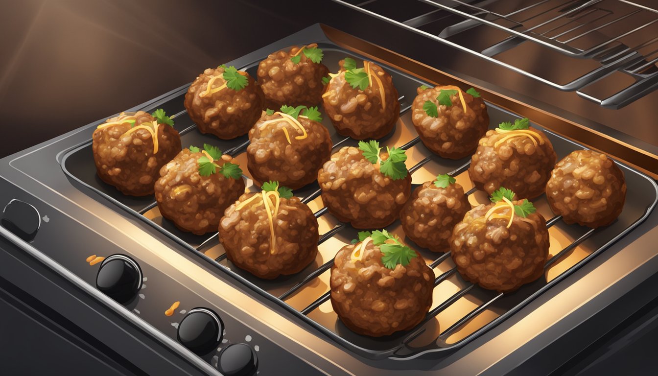 Swedish meatballs on a baking sheet in the oven, surrounded by the warm glow of the heating coils