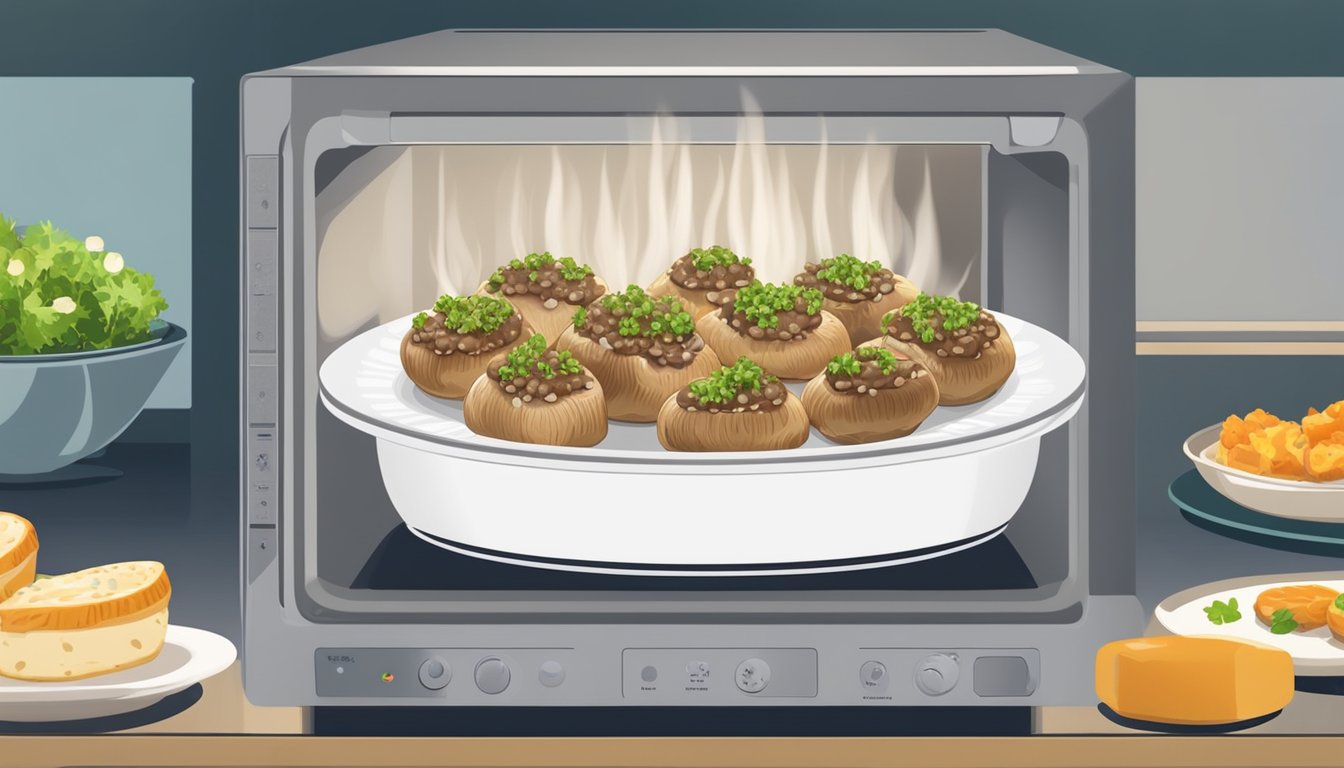 A plate of stuffed mushrooms sits in the center of a microwave, with steam rising from the perfectly reheated appetizers