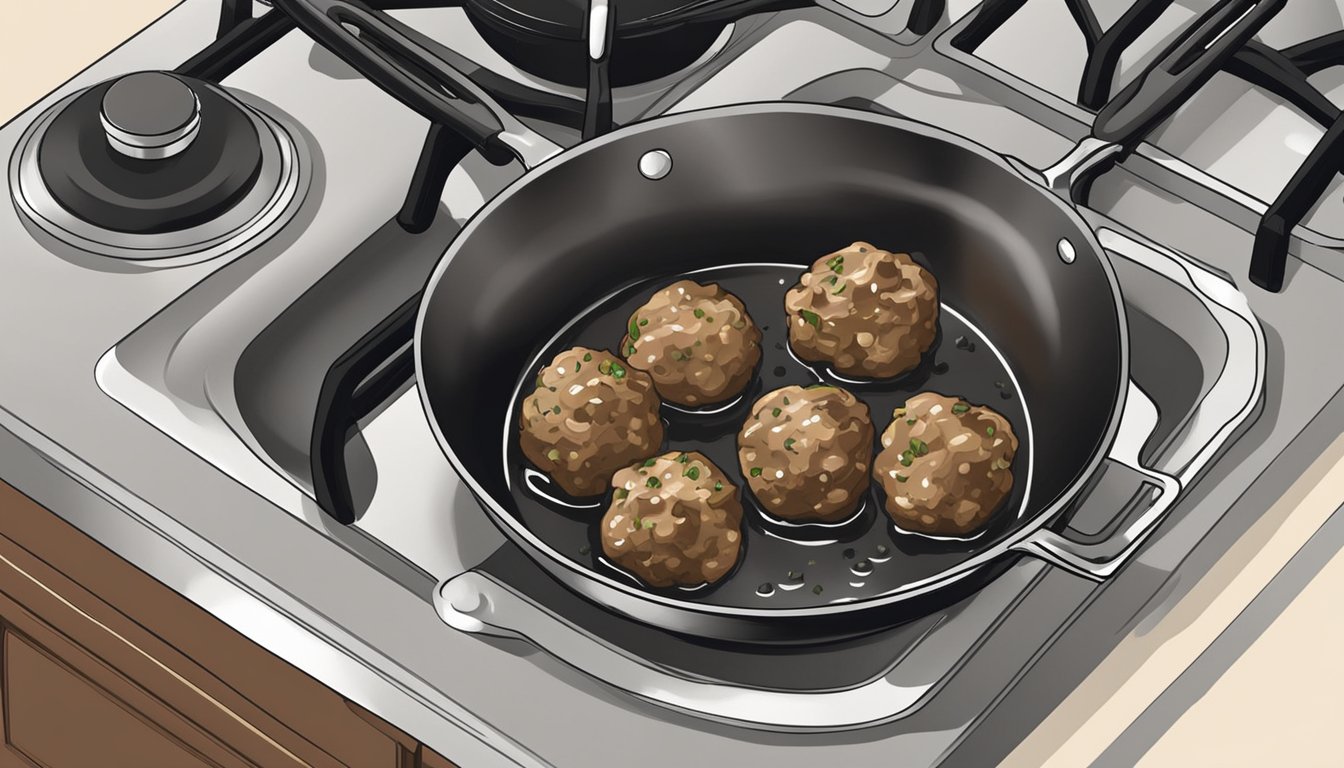 Swedish meatballs sizzling in a skillet on a stovetop