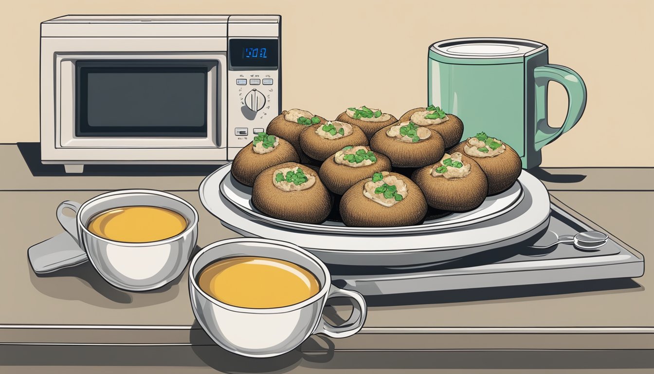 A plate of stuffed mushrooms arranged around a microwave with a steaming cup of broth beside it