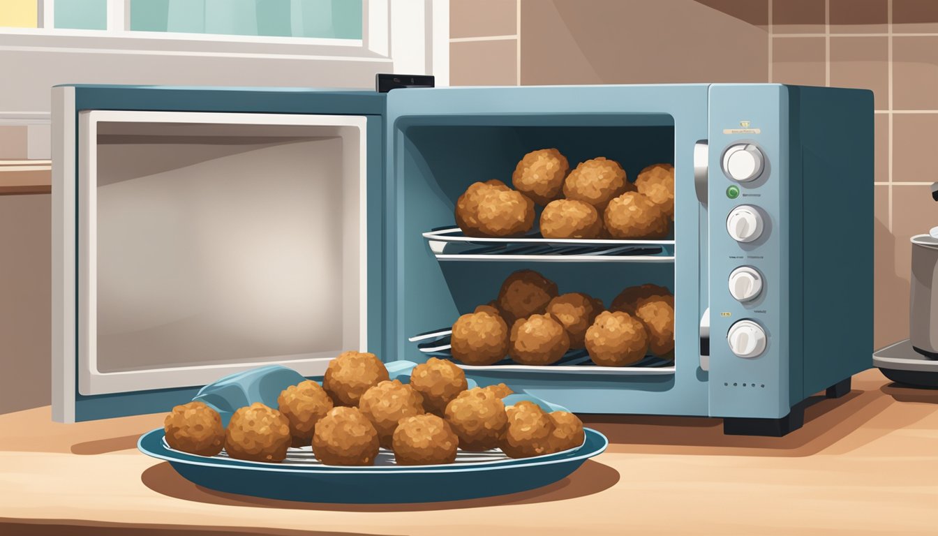 A plate of leftover Swedish meatballs being reheated in a microwave