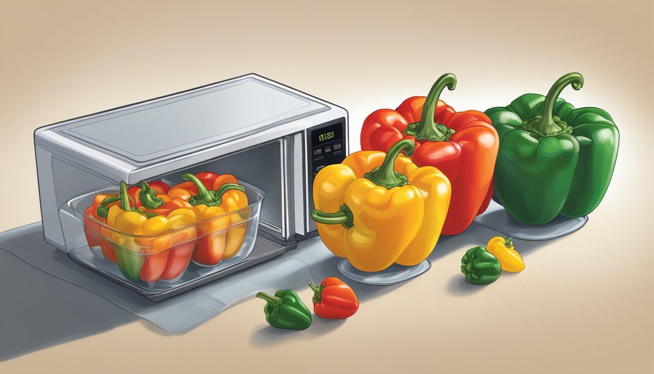 Stuffed peppers arranged on a microwave-safe dish, covered with a microwave-safe lid, with a small bowl of water placed next to them