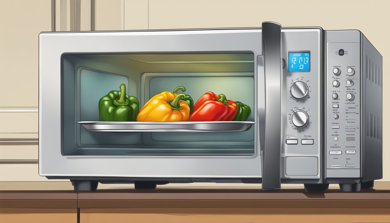 A microwave oven with a plate of stuffed peppers inside. A hand reaches to open the door